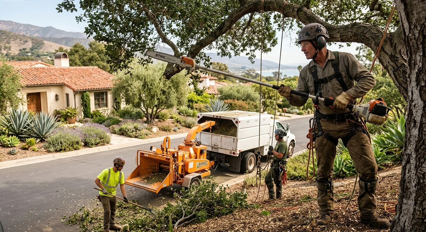 Arborist inspecting a mature oak canopy in a Montecito backyard for deadwood